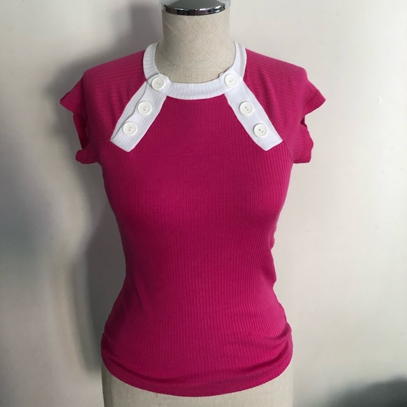 Pink White Button Collar Fitted Coastal Nautical Top - Picture 2 of 5